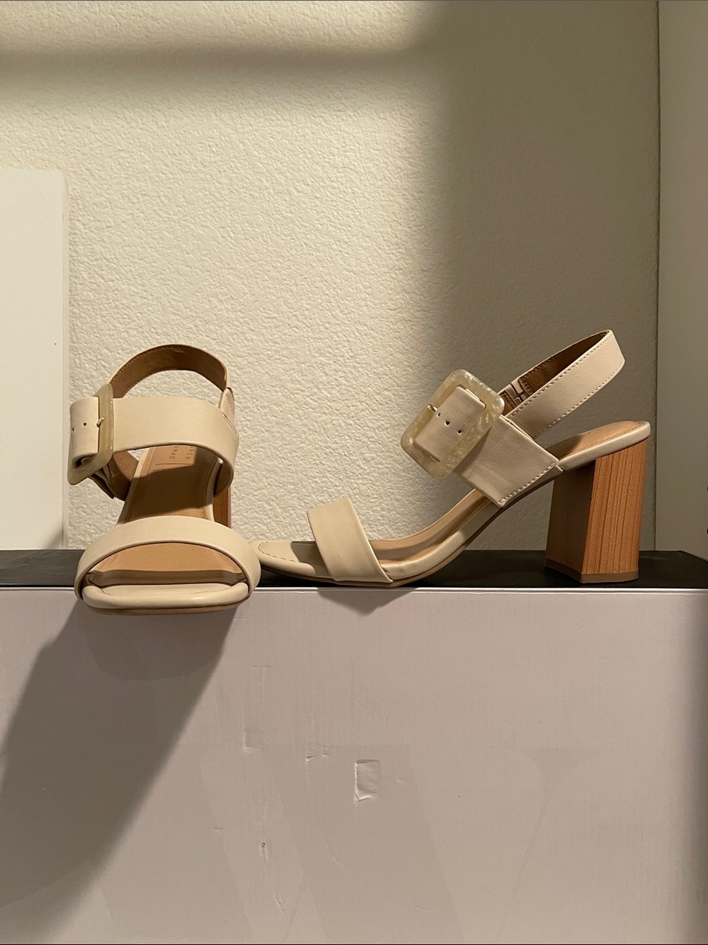 LC Lauren Conrad Cream Block Heel Sandals with Buckle